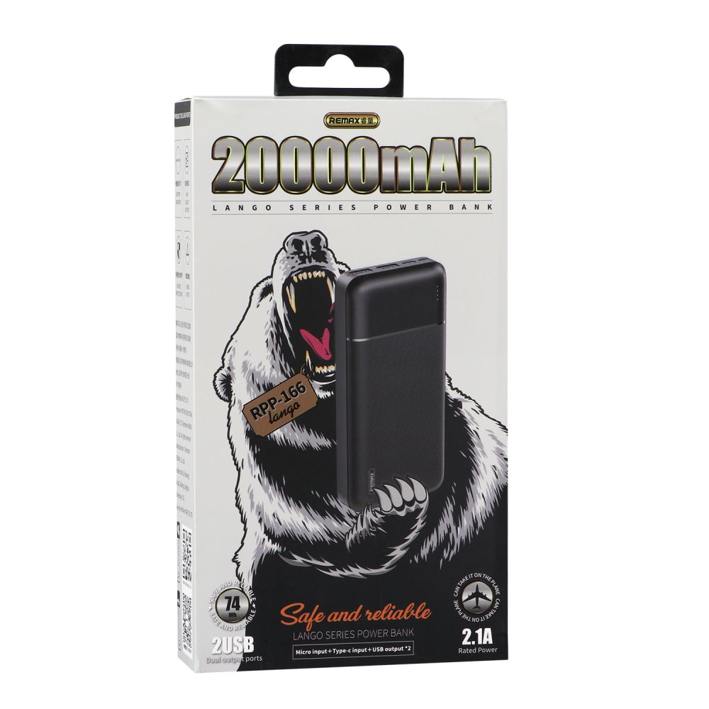 REMAX RPP-166 20000MAH LANGO SERIES 2.1A POWER BANK (OUTPUT-2USB/INPUT-MICRO,TYPE C) (2.1A) (74WH)